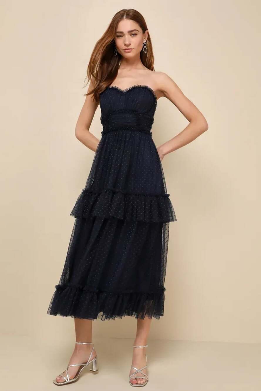 Delightful Bliss Navy Mesh Swiss Dot Strapless Midi Dress
